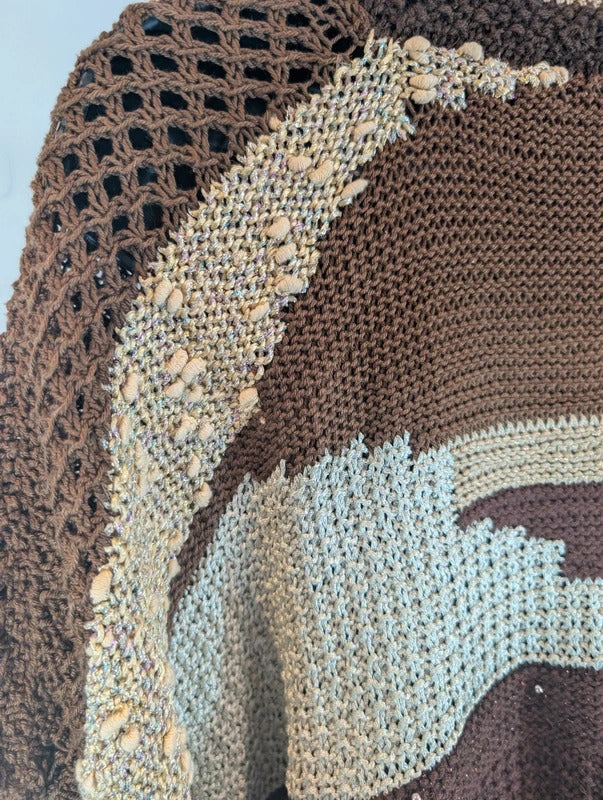 Vintage 1980s Handmade Brown Gold Abstract Knit Vest Wearable Art