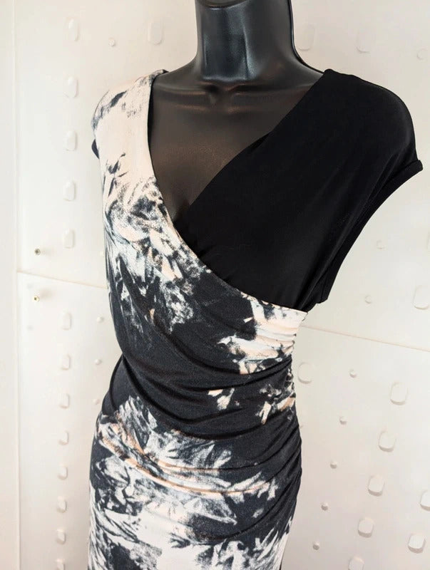 Joseph Ribkoff Black & White Ruched Asymmetric Midi Dress UK16