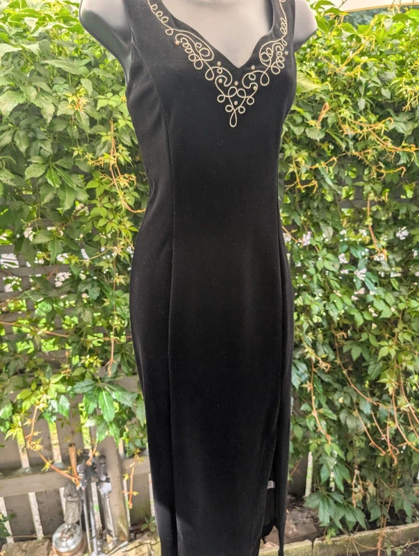 Vintage BHS Black Velvet Midi Dress Made in Great Britain UK14