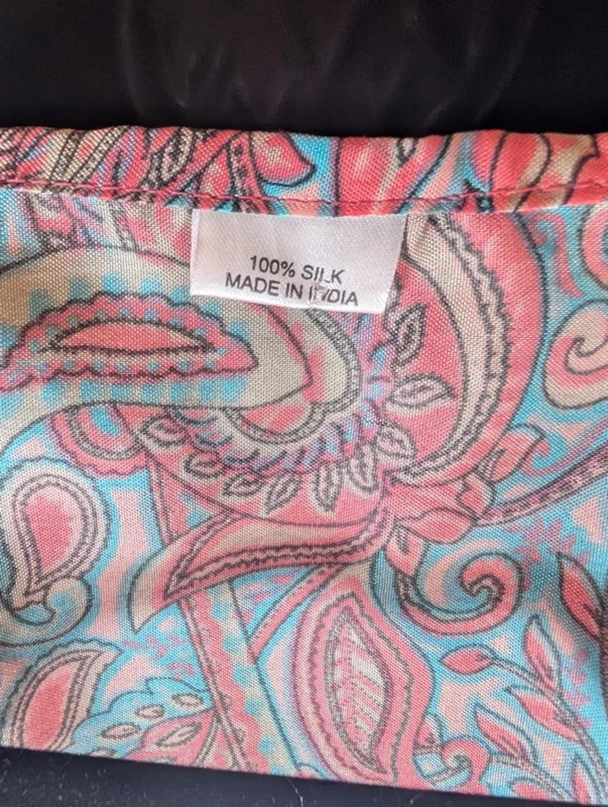 100% Silk Paisley Wrap Top | Coral & Blue | Boho Flared Sleeve