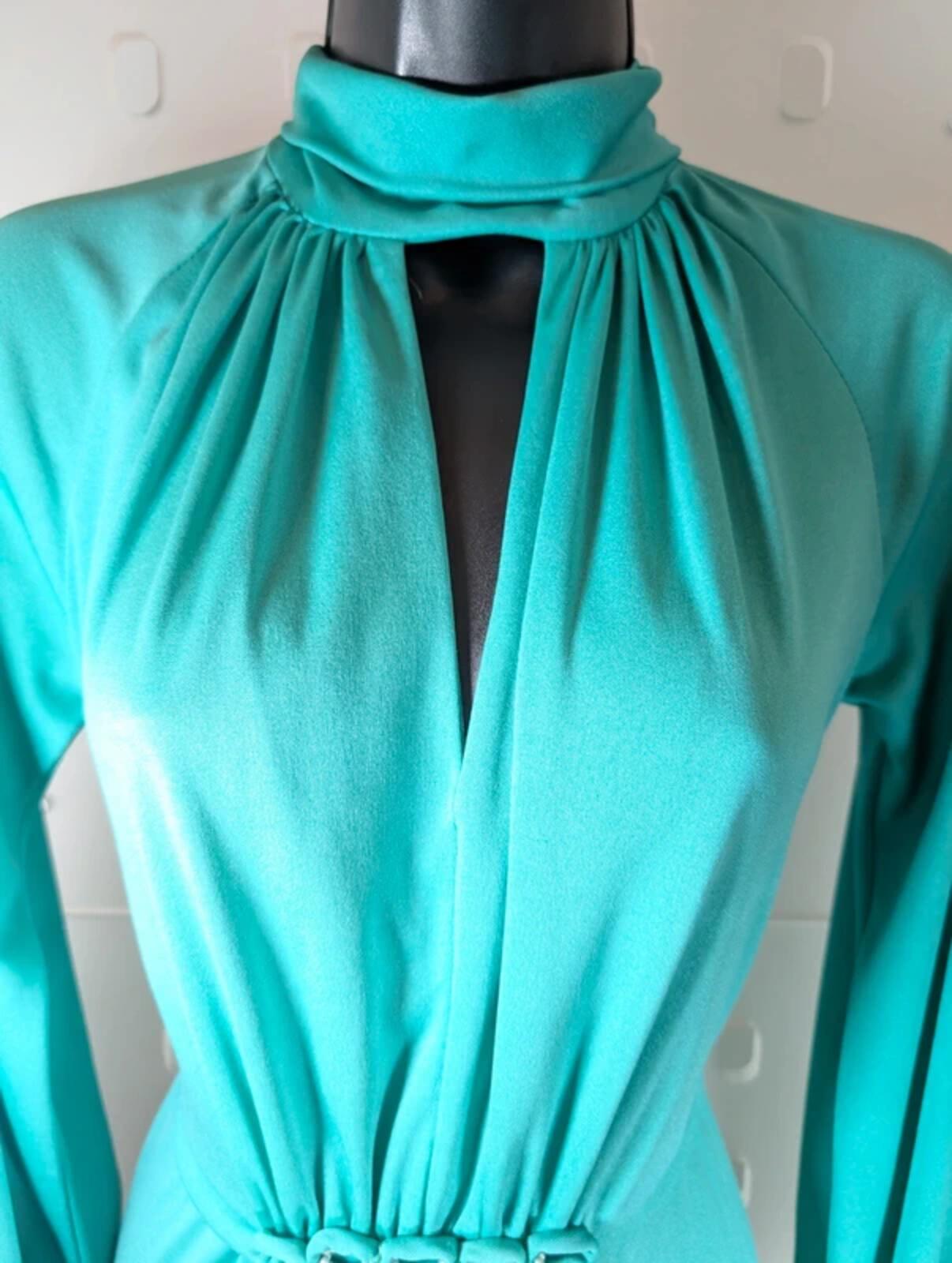 Vintage 1970s Crimplene Maxi Dress Teal UK8/10