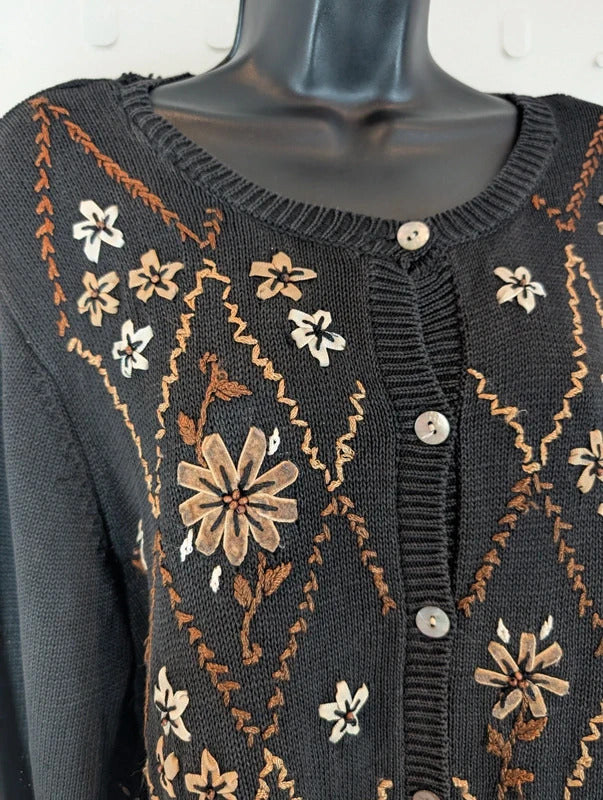 Alfred Dunner Black Floral Appliqué Cardigan Size L