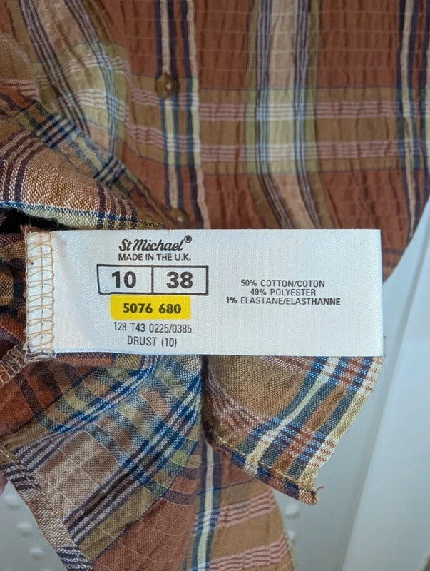 Vintage St Michael M&S Rust Olive Check Shirt UK10 Made in UK