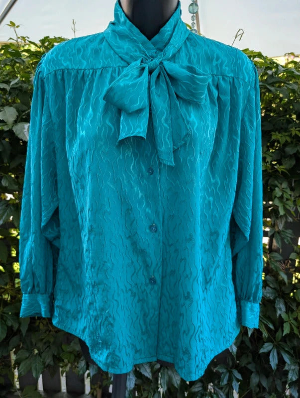 Vintage 1980s Teal Green Blouse With Tie Medium