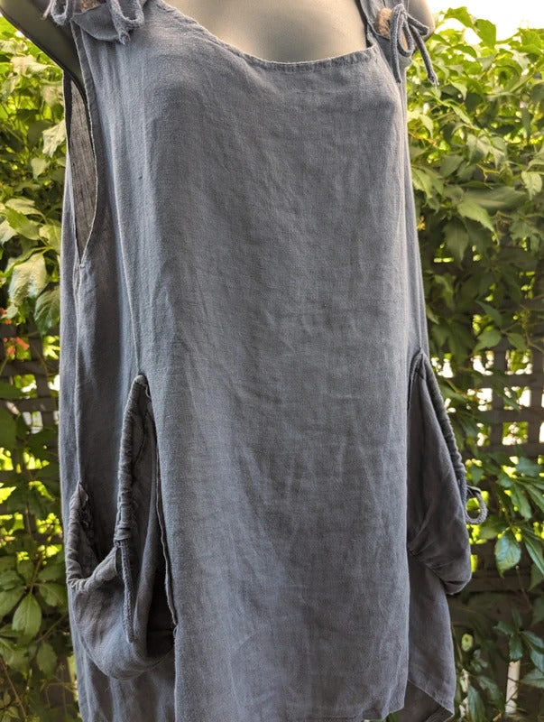 Italian Linen Tie Shoulder Longline Top Navy Blue M