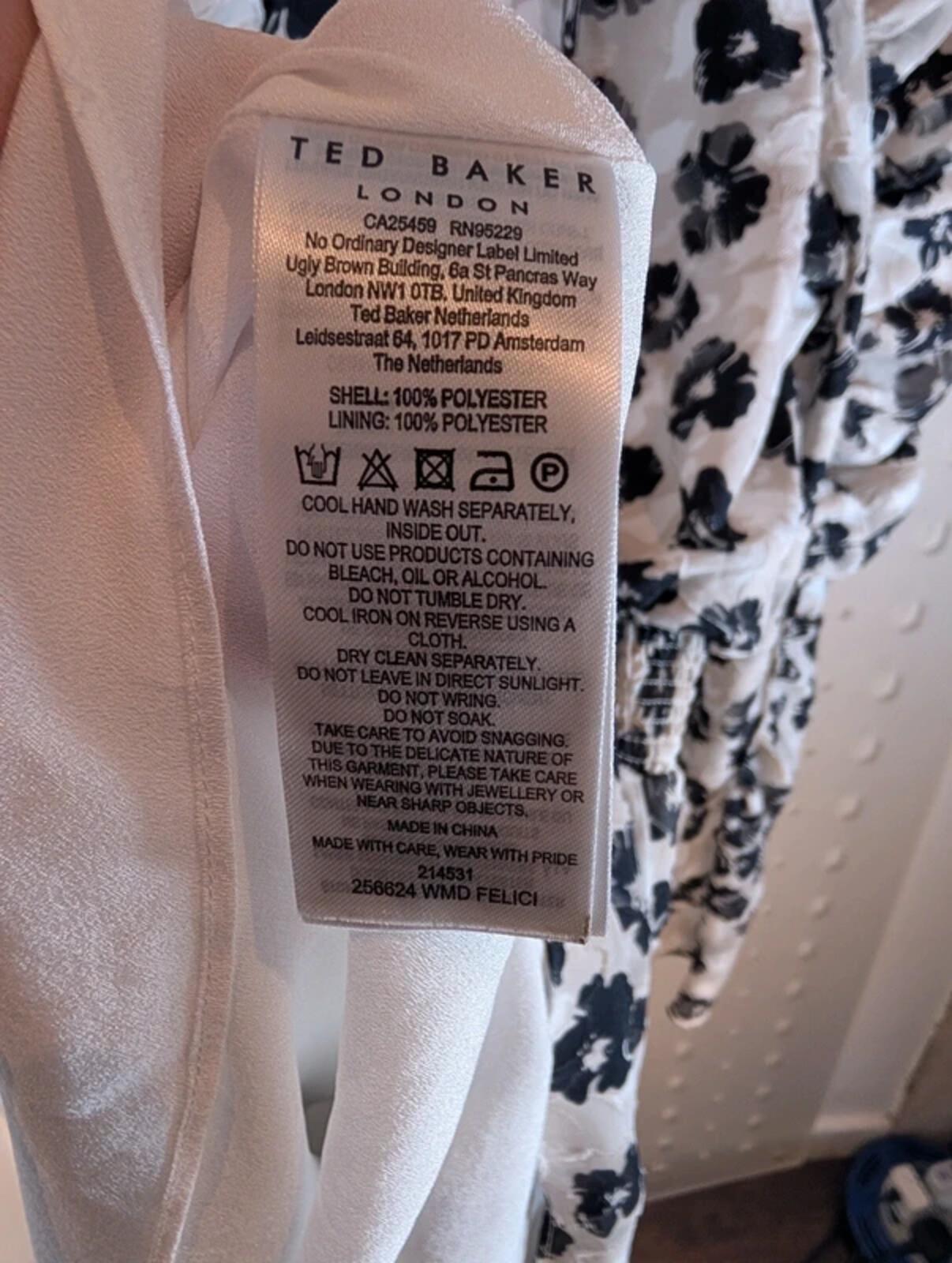 Ted Baker Black Floral Midi Dress Size 3 Shirred Waist Long Sleeve