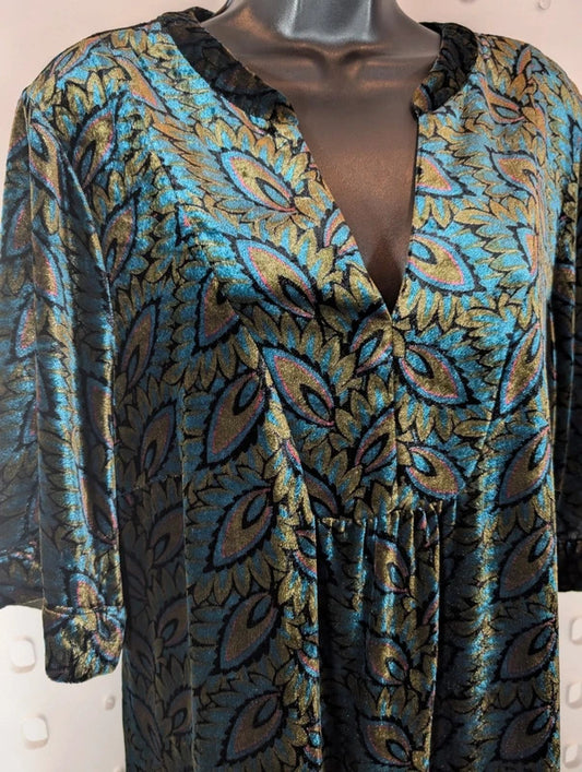 White Stuff Peacock Print Velvet Dress UK18R