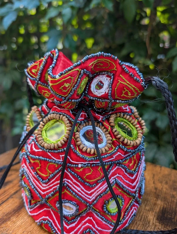 Beaded Bucket Bag Red Festival Crossbody