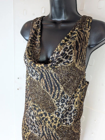 Medici Beaded Leopard Print Bias Cut Maxi Dress Cowl Neck Evening