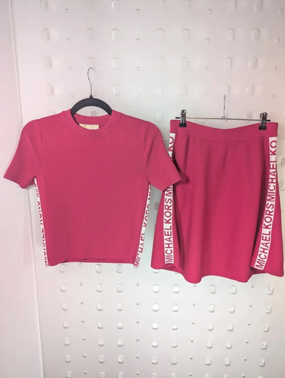 Michael Kors Pink Logo Tape Knitted Co-Ord Set XS Flared Skirt Viscose