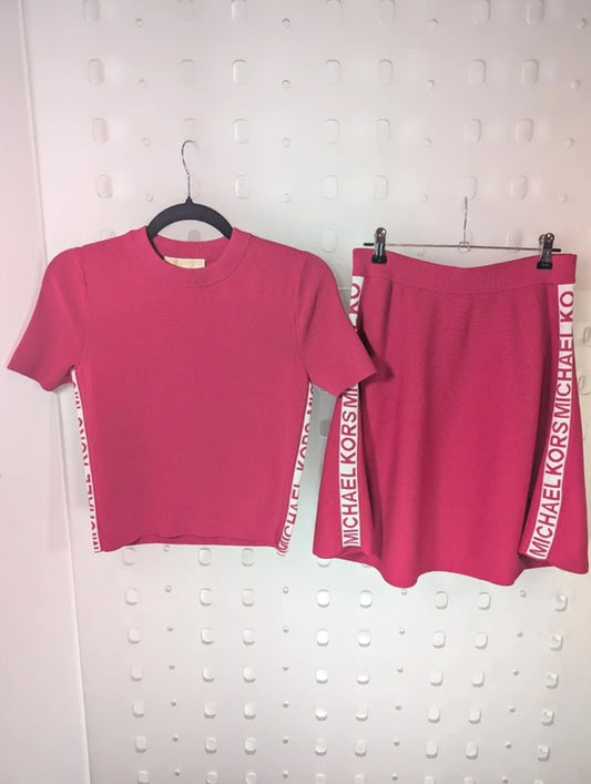 Michael Kors Pink Logo Tape Knitted Co-Ord Set XS Flared Skirt Viscose