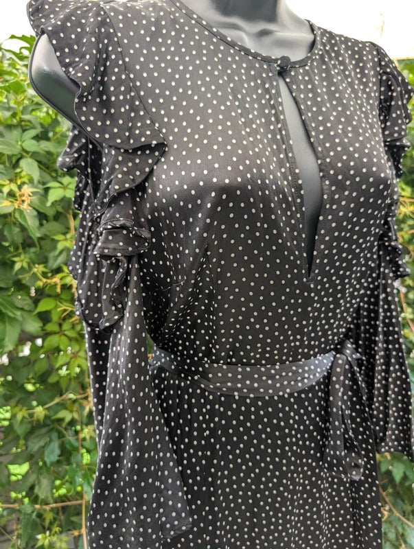Ghost Black Polka Dot Midi Dress | Keyhole Neck | Cut Out Shoulders | UK M