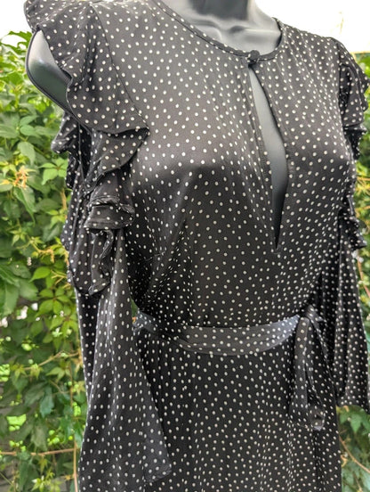 Ghost Black Polka Dot Midi Dress | Keyhole Neck | Cut Out Shoulders | UK M
