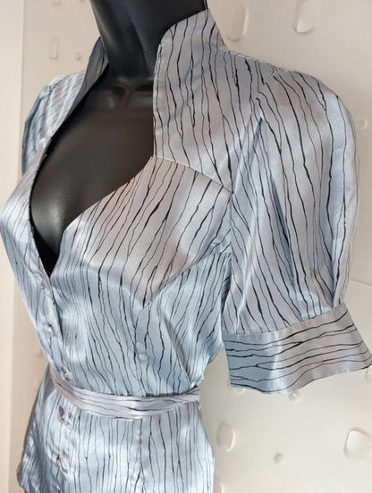 BCBG Max Azria Tie Waist Blouse Soft V Neck Button Front UK6