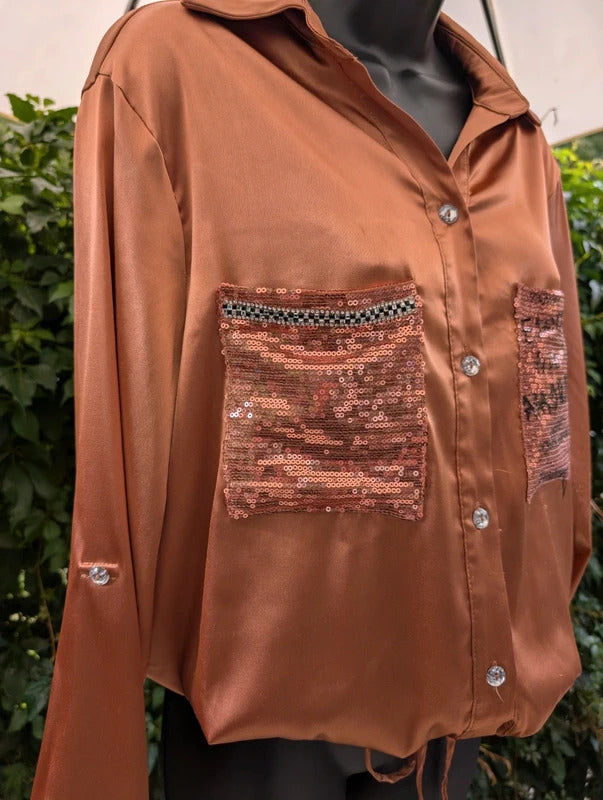 Frank Lyman Montreal Sequin Pocket Blouse Bronze Large