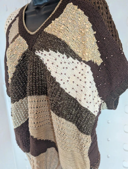 Vintage 1980s Handmade Brown Gold Abstract Knit Vest Wearable Art