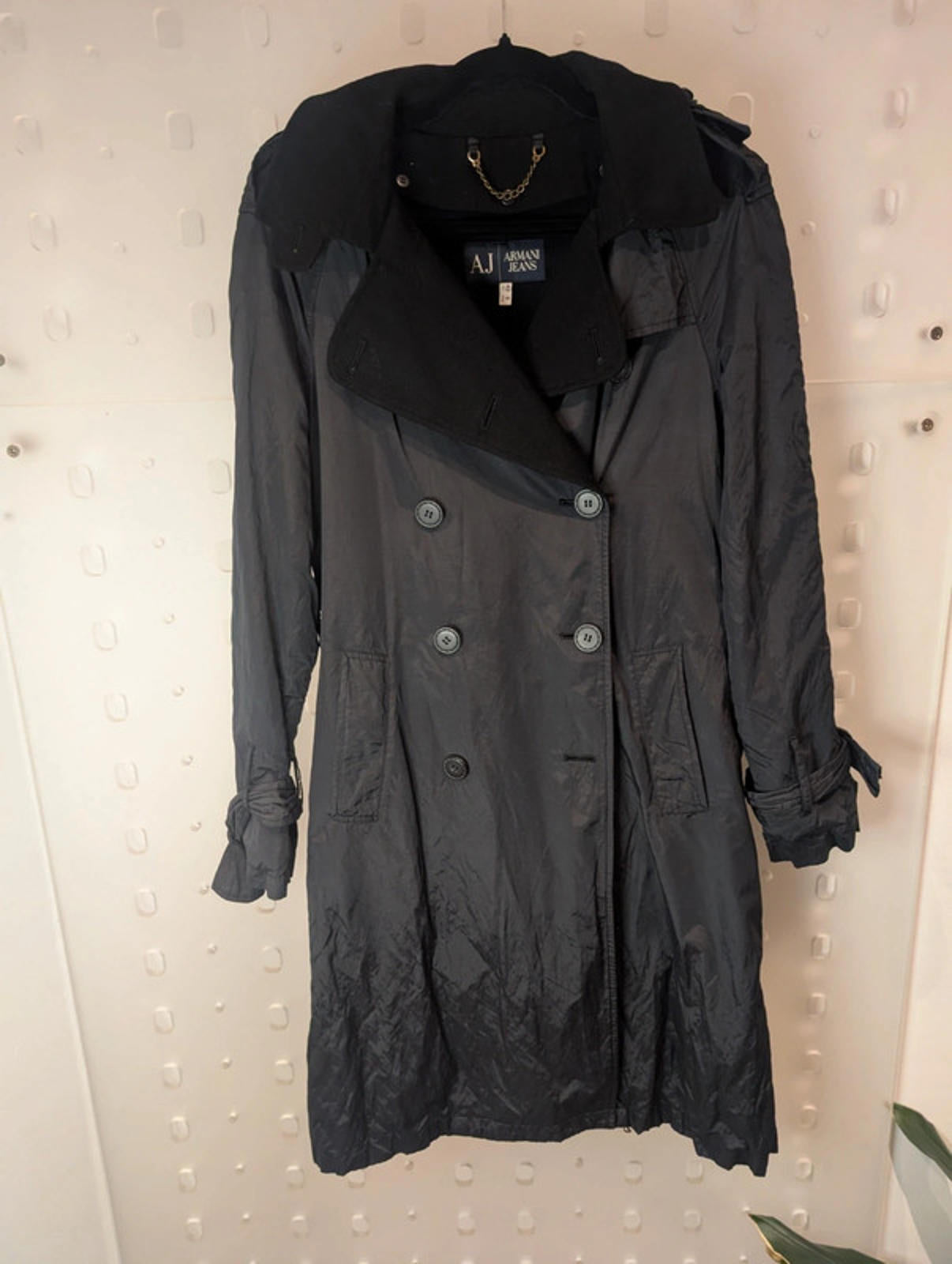 Armani Jeans Black Trench Coat with Removable Lining – Size 42 (UK 10 / US 6)