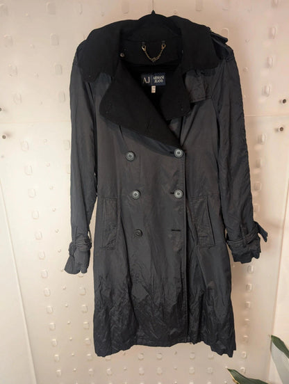 Armani Jeans Black Trench Coat with Removable Lining – Size 42 (UK 10 / US 6)