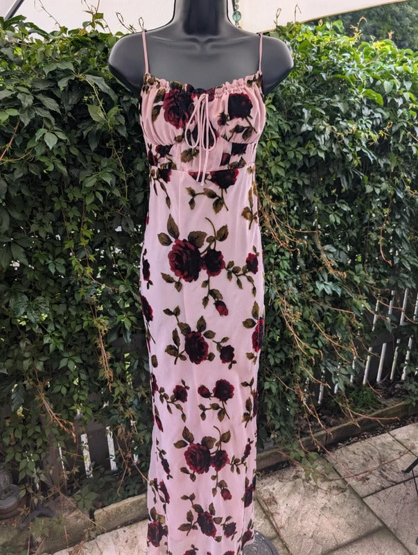 Rare London Burnout Velvet Rose Maxi Dress UK8