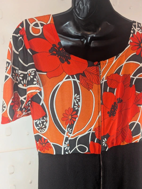 Vintage 1970s Handmade Floral Black Maxi Dress