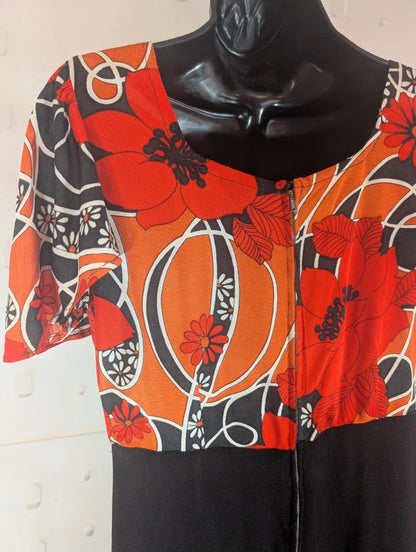Vintage 1970s Handmade Floral Black Maxi Dress