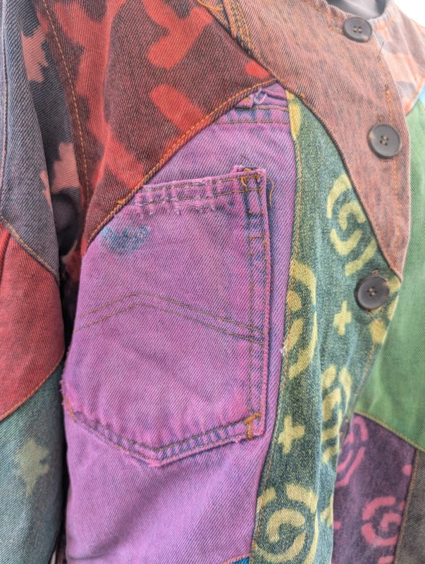 Sacred Threads Patchwork Denim Bomber Jacket Cotton S/M