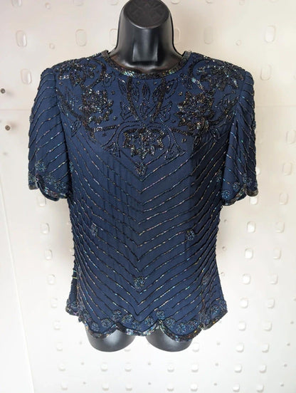 Simon Ellis Navy Silk Beaded Evening Top Vintage Glam UK10