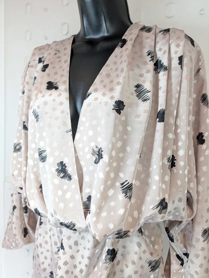 Vintage 80s Champagne Jacquard Drop Waist Dress Draped EU40 Medium