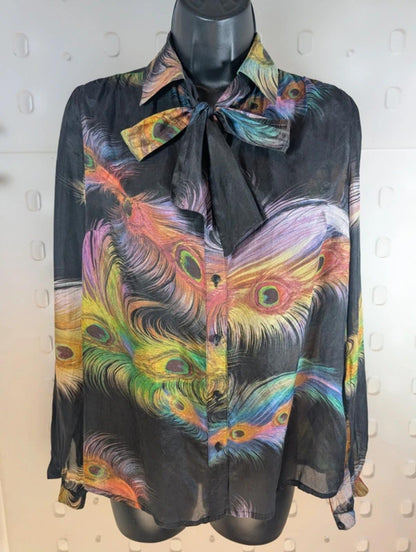 Supertrash Silk Feather Print Blouse Sheer Tie Neck Button Front