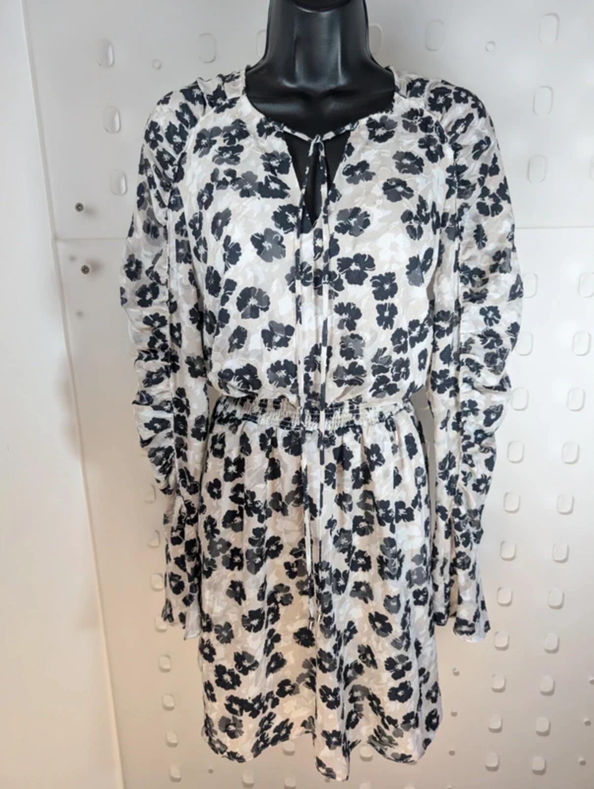 Ted Baker Black Floral Midi Dress Size 3 Shirred Waist Long Sleeve
