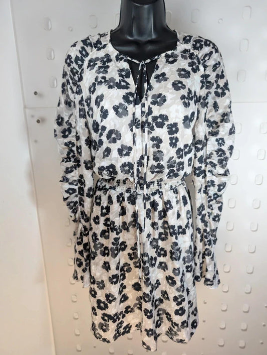 Ted Baker Black Floral Midi Dress Size 3 Shirred Waist Long Sleeve