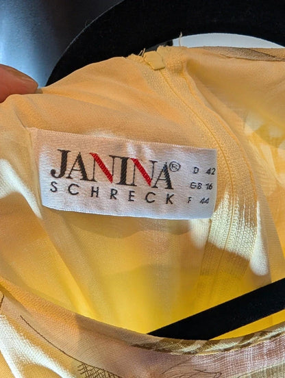 Vintage Janina Schreck Yellow Patterned Midi Dress UK 16