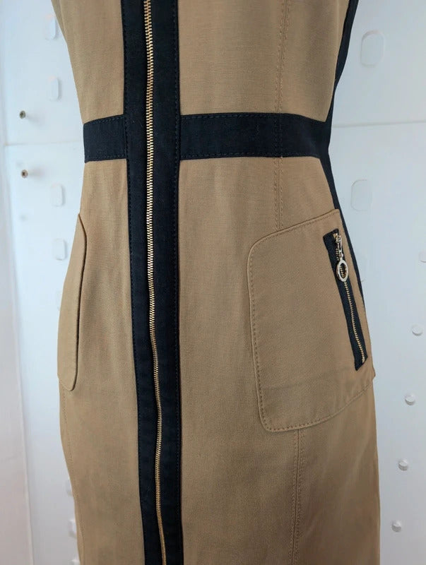 Adolfo Dominguez Camel & Black Zip Front Utility Dress EU42 UK14