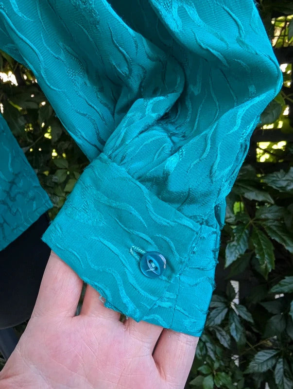 Vintage 1980s Teal Green Blouse With Tie Medium
