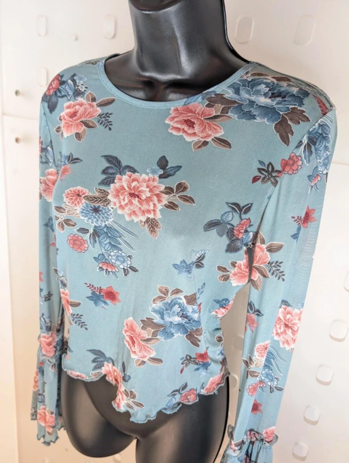Y2K Blue Floral Mesh Top Size L Sheer Stretch