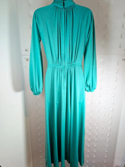 Vintage 1970s Crimplene Maxi Dress Teal UK8/10