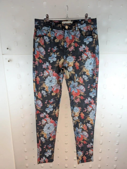Dark Floral Jeans – High Waist Straight Leg – Statement Print – UK 10
