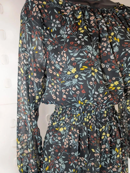 Soaked in Luxury Saseline Sheer Floral Midi Dress Long Sleeve Shirred Waist