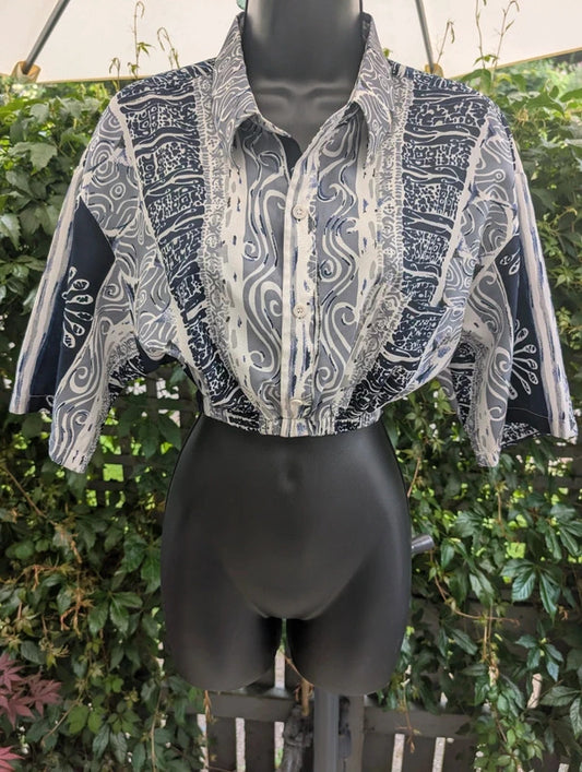 Vintage Upcycled Cropped Shirt Navy White UK8/10