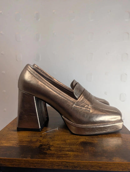 DWRS ‘Pavia’ block-heeled loafers metallic smoke leather EU 39 / UK 6 (fits 6.5)