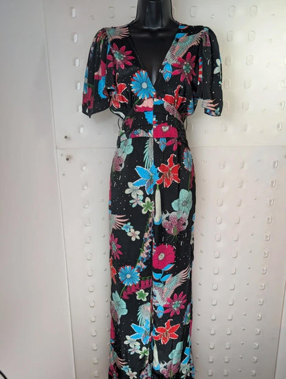 Stardust London Pegasus Print Jumpsuit Black Empire Line V Neck Size S Boutique