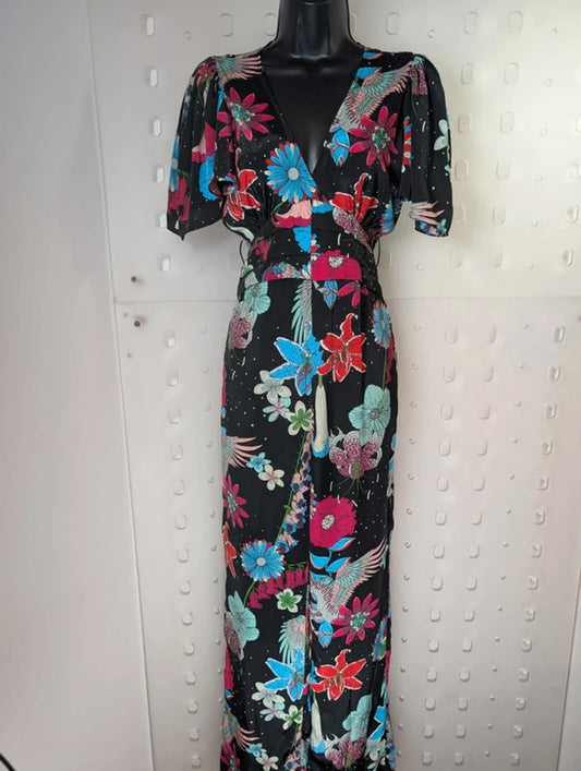 Stardust London Pegasus Print Jumpsuit Black Empire Line V Neck Size S Boutique