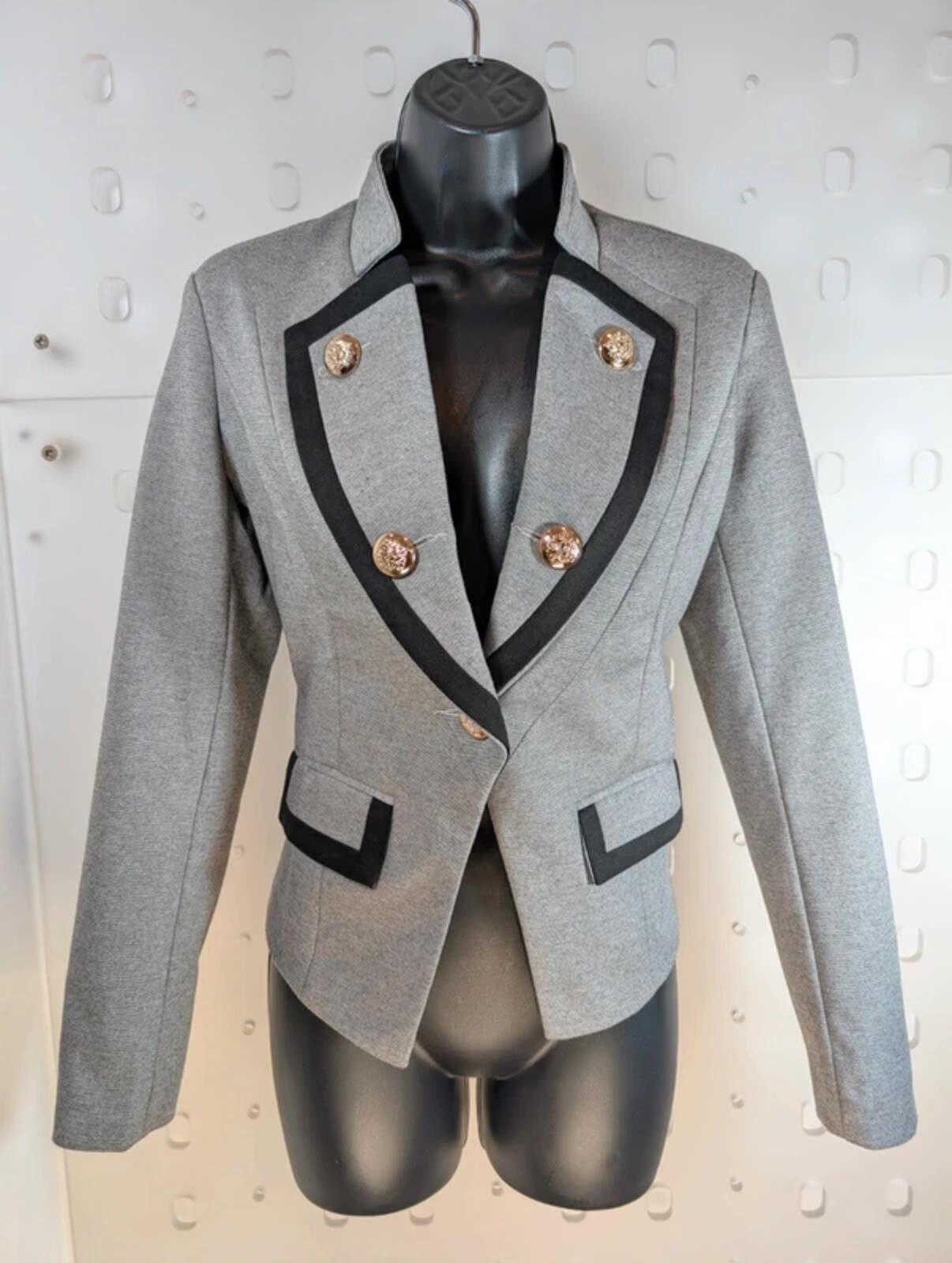 Fitted Military Style Jacket Grey Structured Blazer Statement Buttons Size S