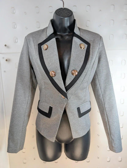 Fitted Military Style Jacket Grey Structured Blazer Statement Buttons Size S