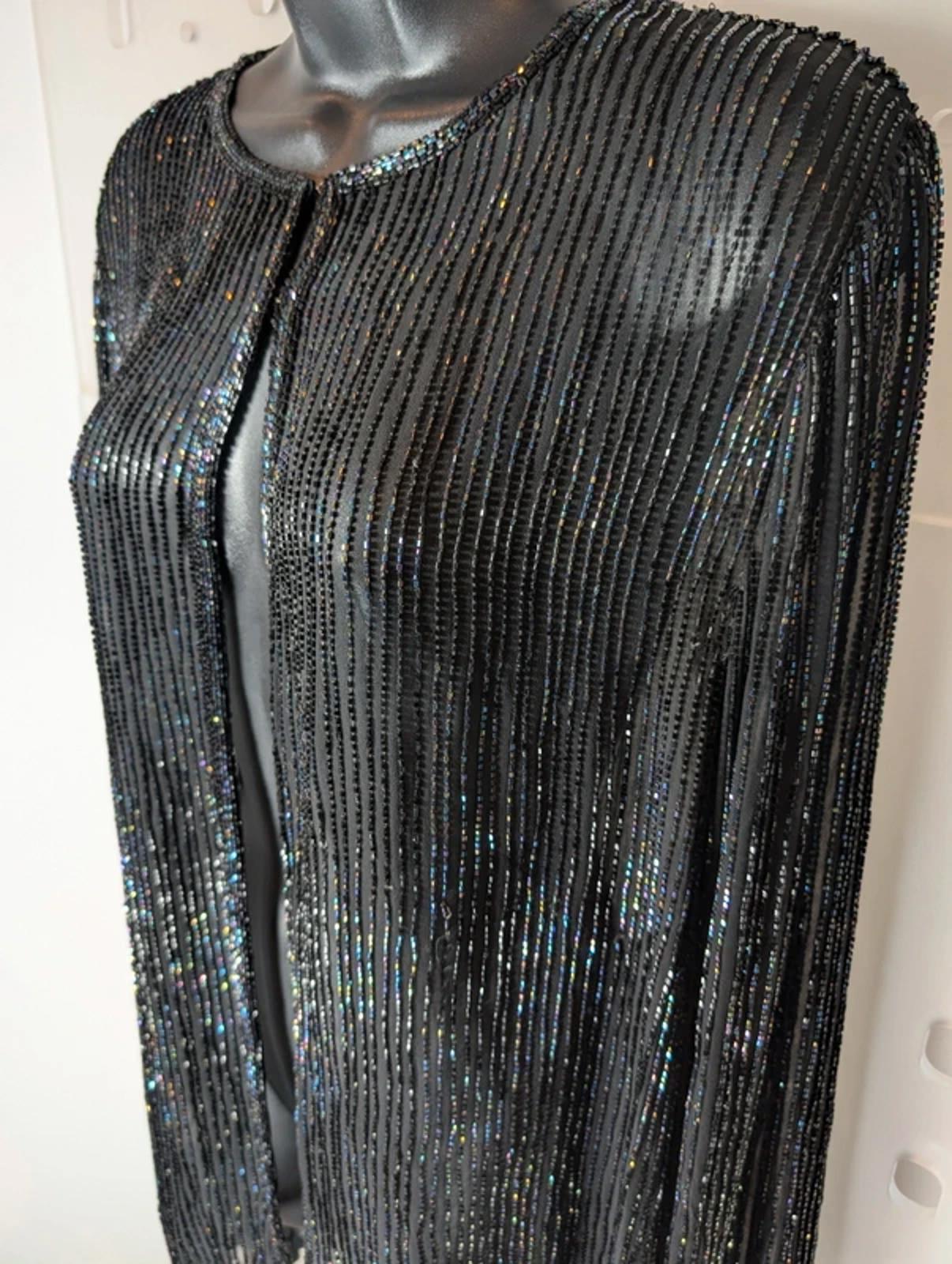 AS by Ronald Joyce Black Beaded Silk Cardigan Sheer Evening Layer M