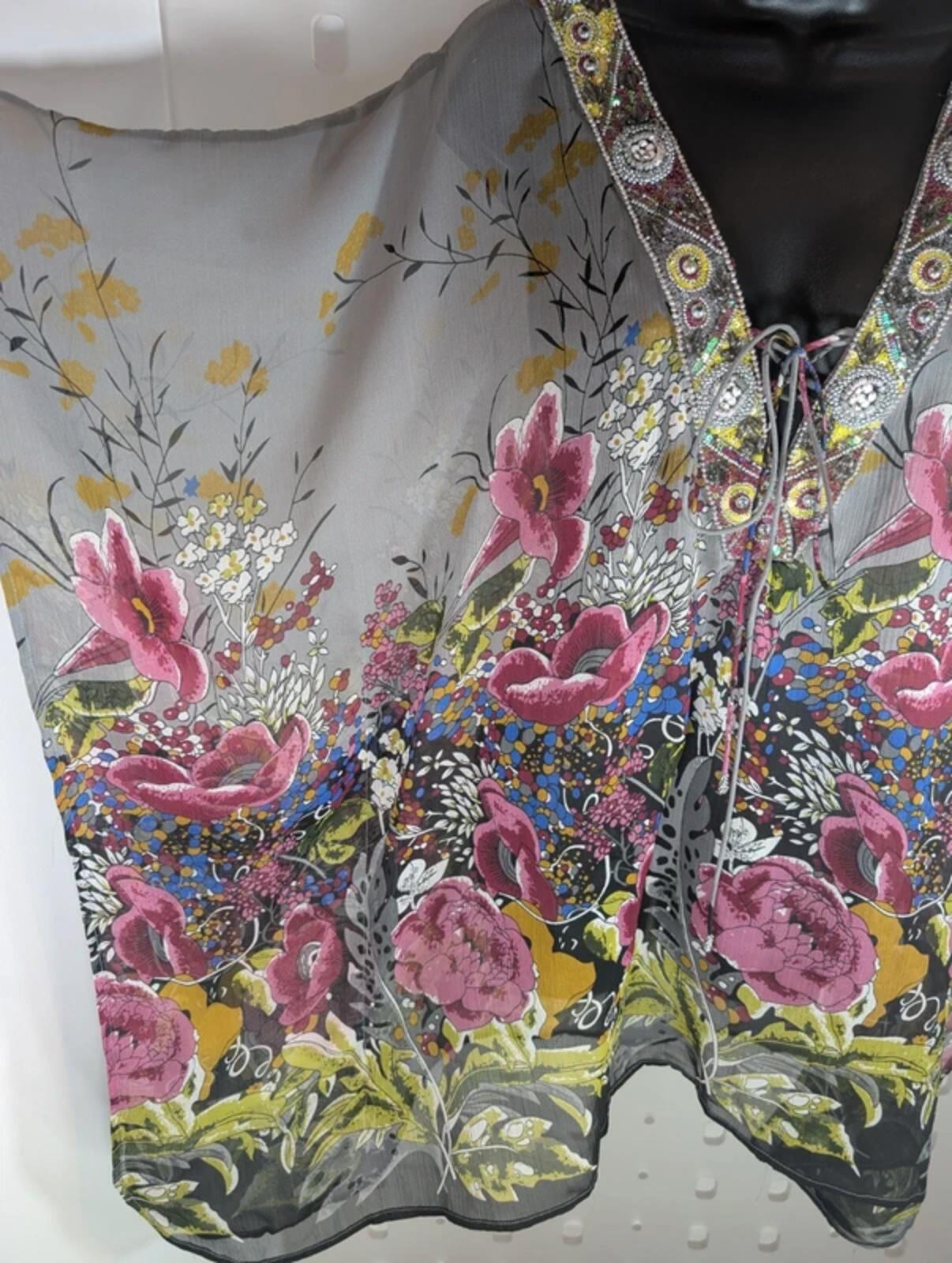 Simply Rhona Resort Wear Floral Kaftan Grey Multi Medium