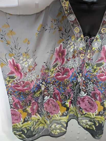 Simply Rhona Resort Wear Floral Kaftan Grey Multi Medium