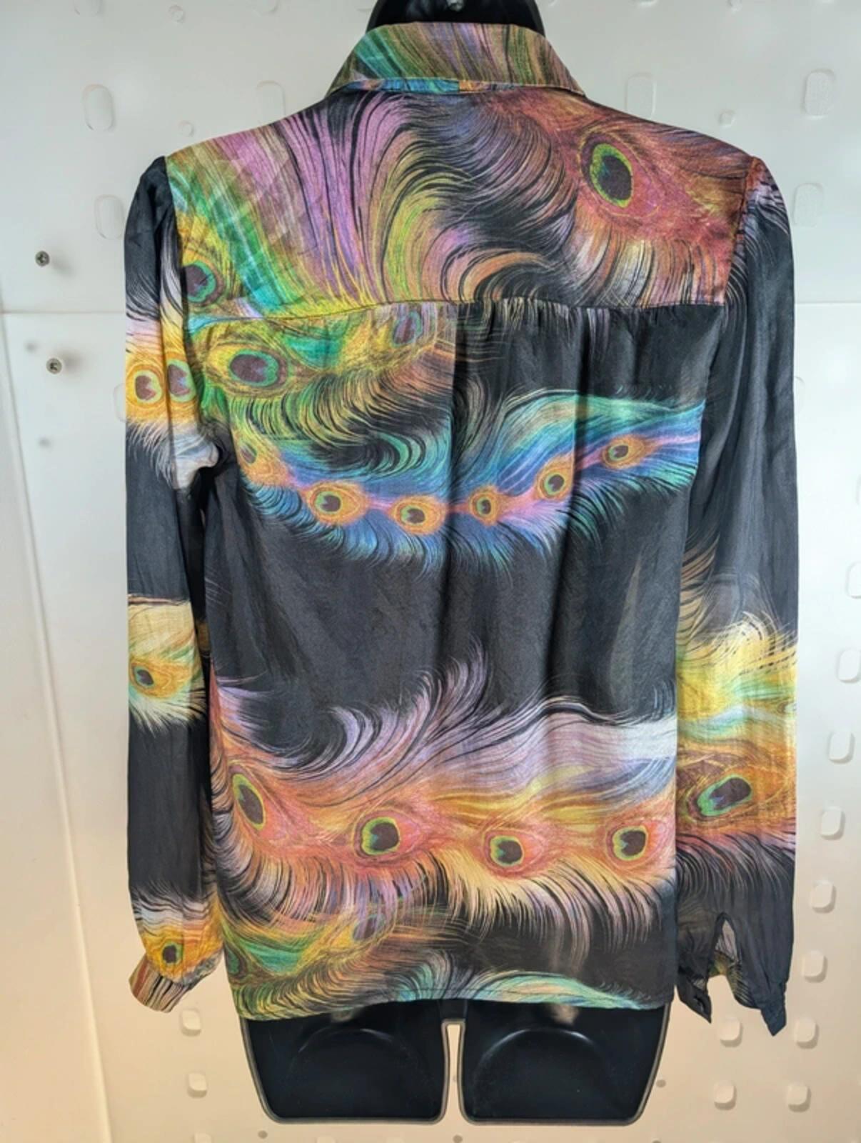 Supertrash Silk Feather Print Blouse Sheer Tie Neck Button Front