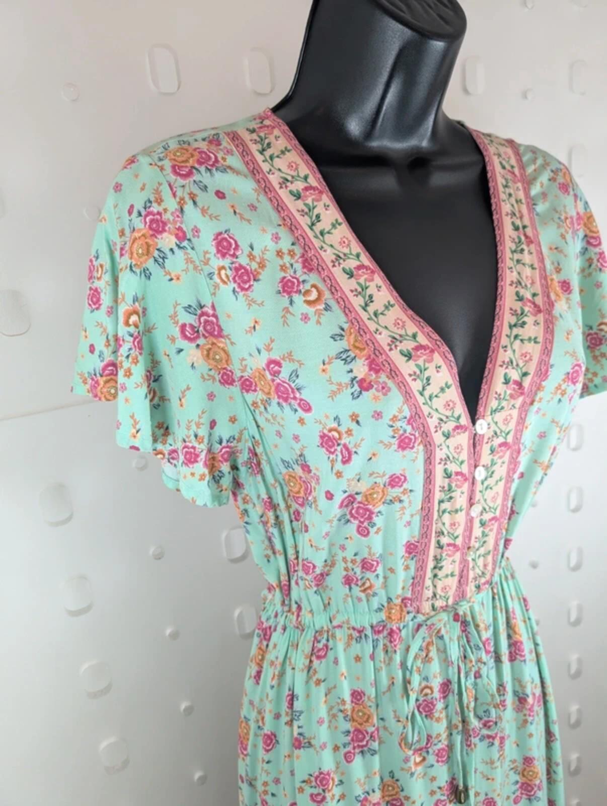 Libby Loves Floral Cotton Midi Dress UK8–10 Green Print