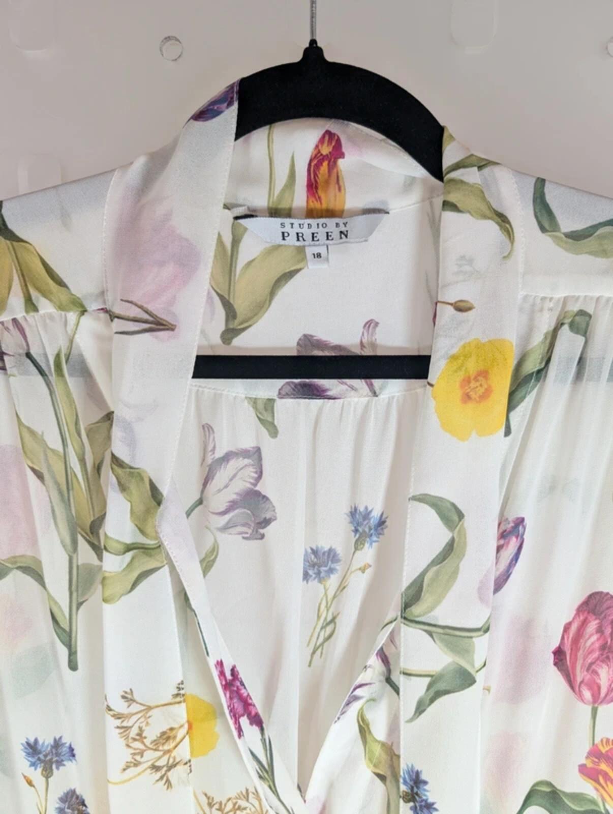 Studio by Preen Sheer Midi Dress UK18 White Floral Tulip Print Tie Neck